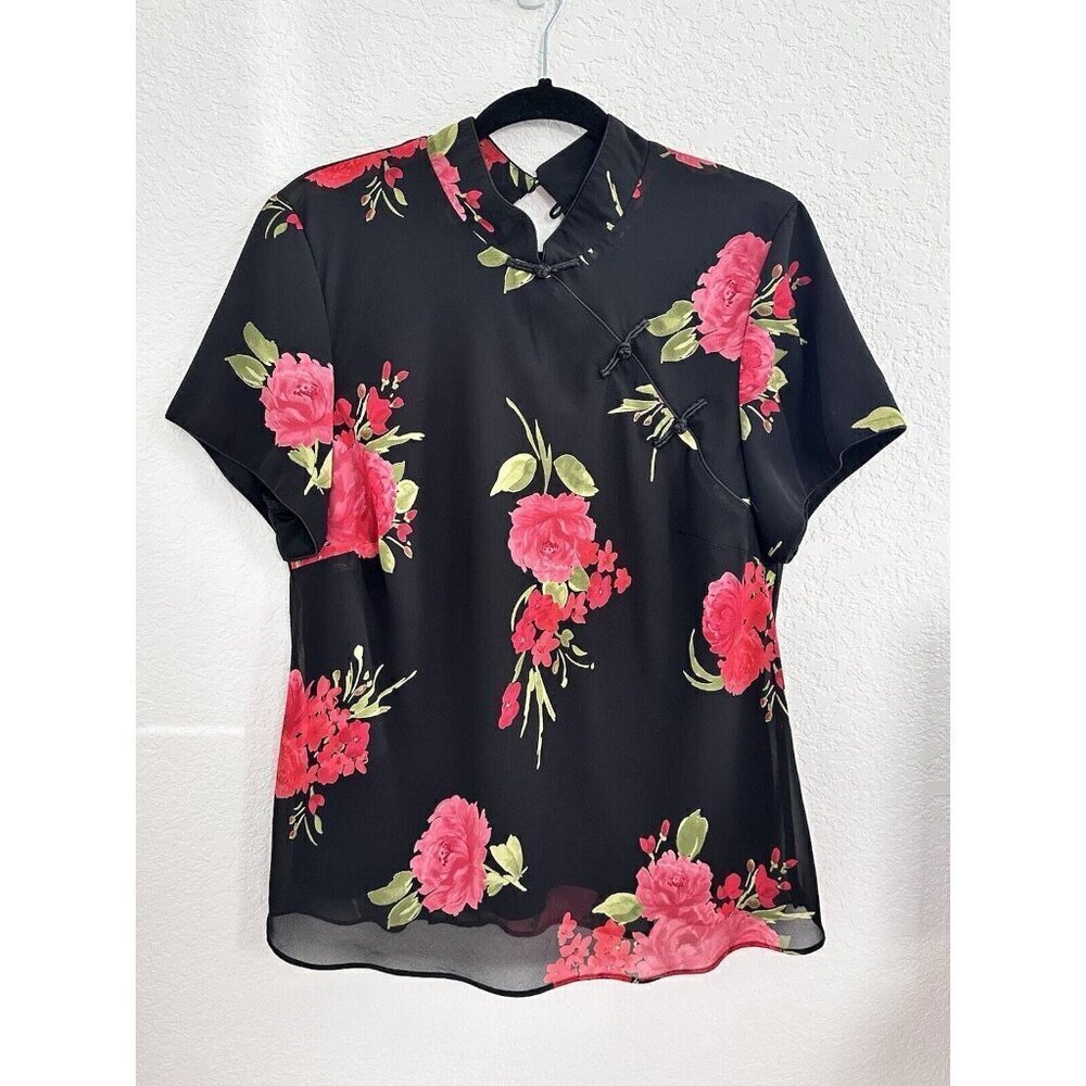 Studio‎ I Women's Plus Retro Mandarin Black Floral Multicolor Blouse 18W. READ